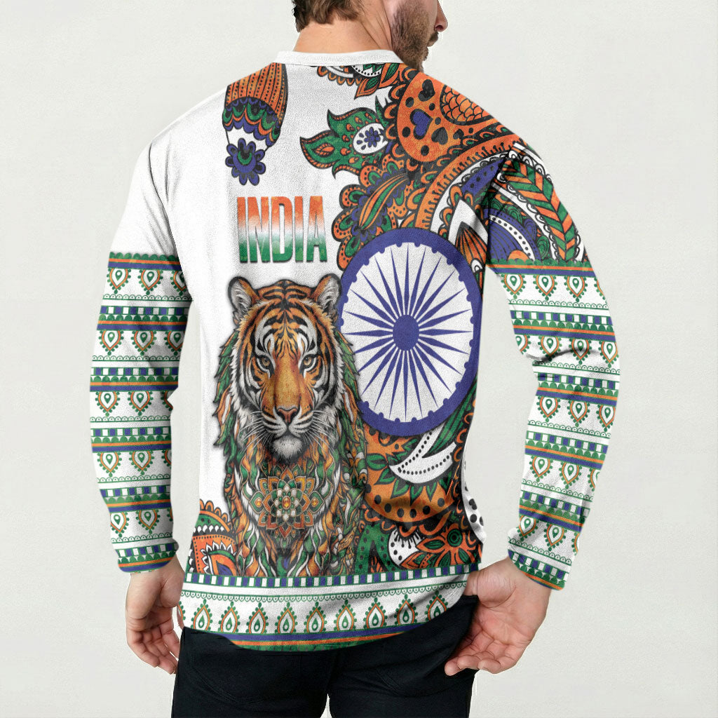 India Independence Day Button Sweatshirt Royal Tiger Ashoka Chakra Paisley Pattern
