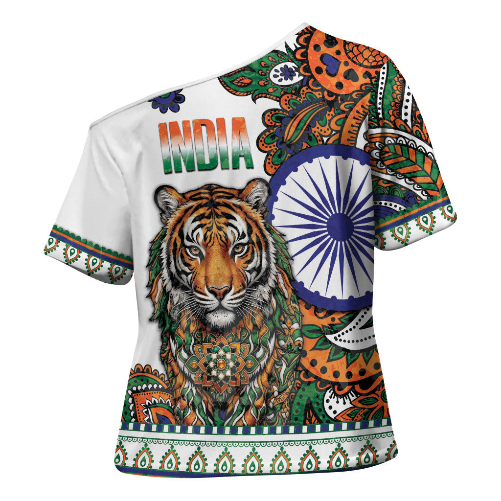 India Independence Day Cross Shoulder Shirt Royal Tiger Ashoka Chakra Paisley Pattern