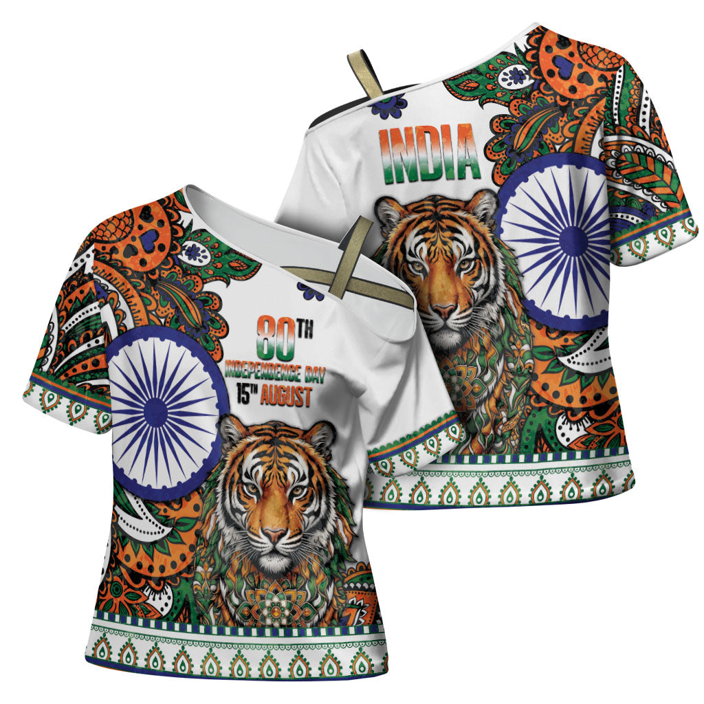 India Independence Day Cross Shoulder Shirt Royal Tiger Ashoka Chakra Paisley Pattern