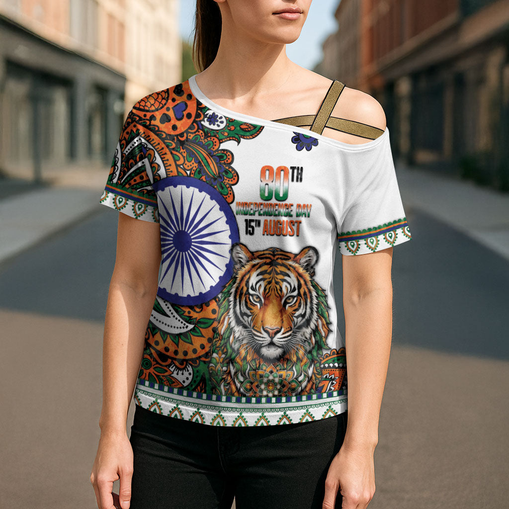 India Independence Day Cross Shoulder Shirt Royal Tiger Ashoka Chakra Paisley Pattern