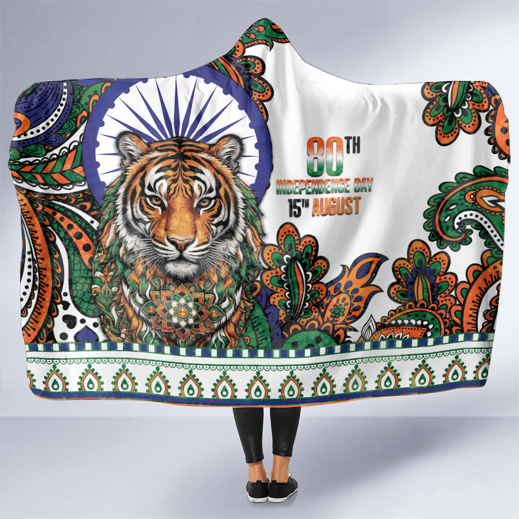 India Independence Day Hooded Blanket Royal Tiger Ashoka Chakra Paisley Pattern