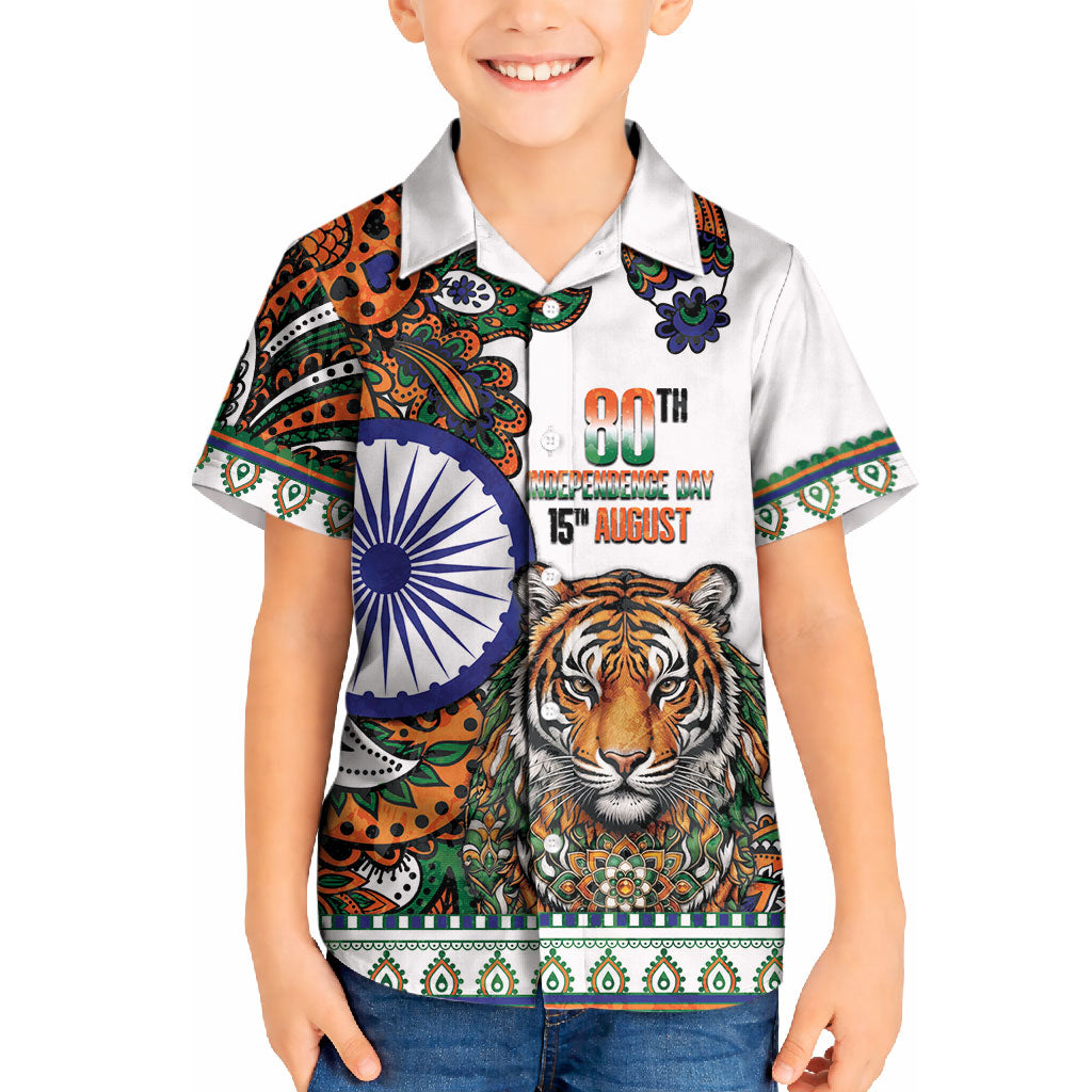 India Independence Day Kid Hawaiian Shirt Royal Tiger Ashoka Chakra Paisley Pattern