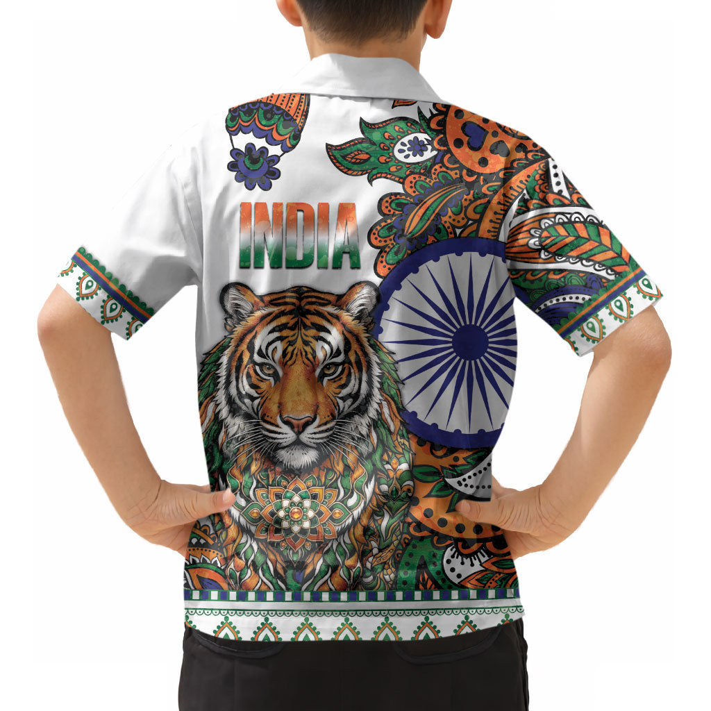 India Independence Day Kid Hawaiian Shirt Royal Tiger Ashoka Chakra Paisley Pattern