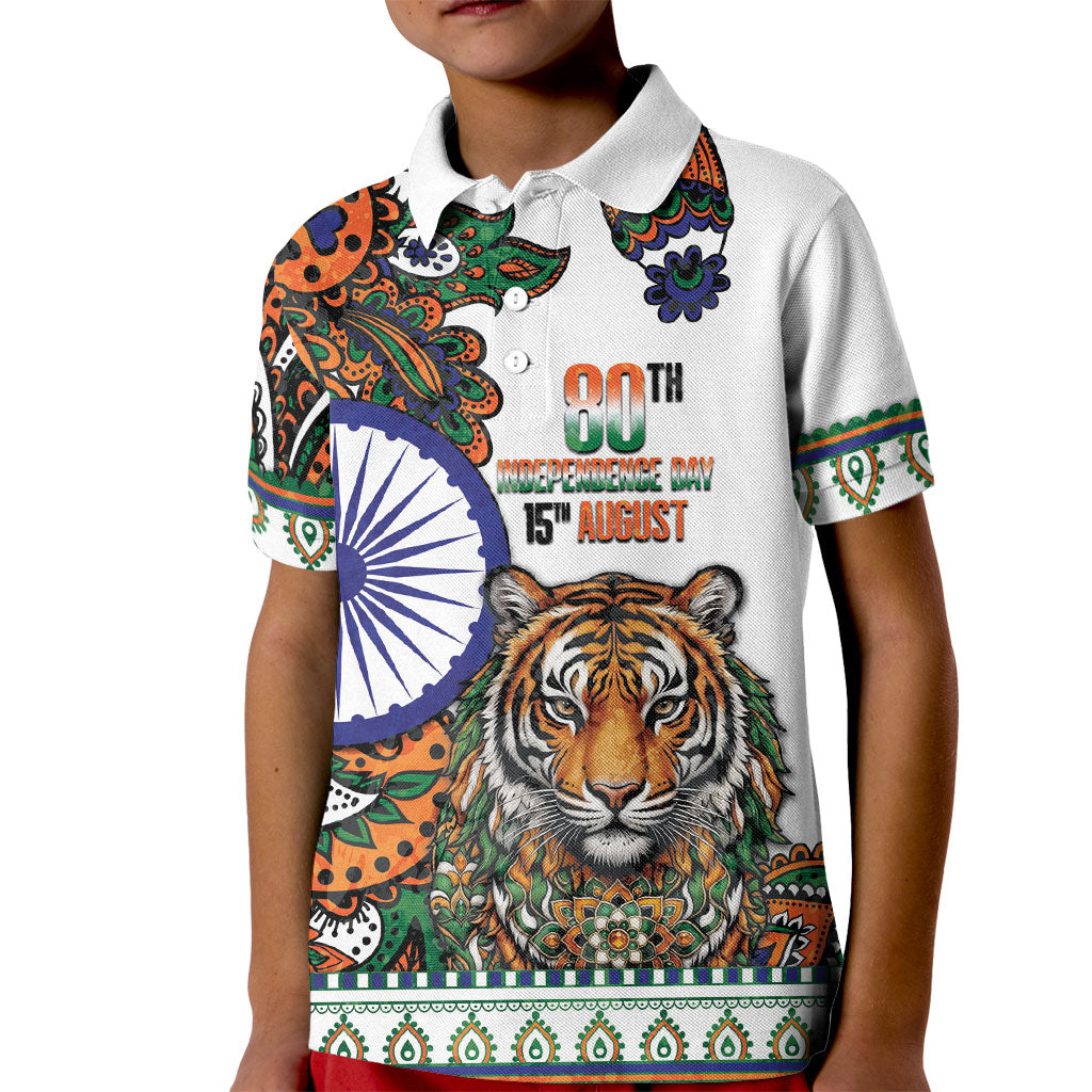 India Independence Day Kid Polo Shirt Royal Tiger Ashoka Chakra Paisley Pattern