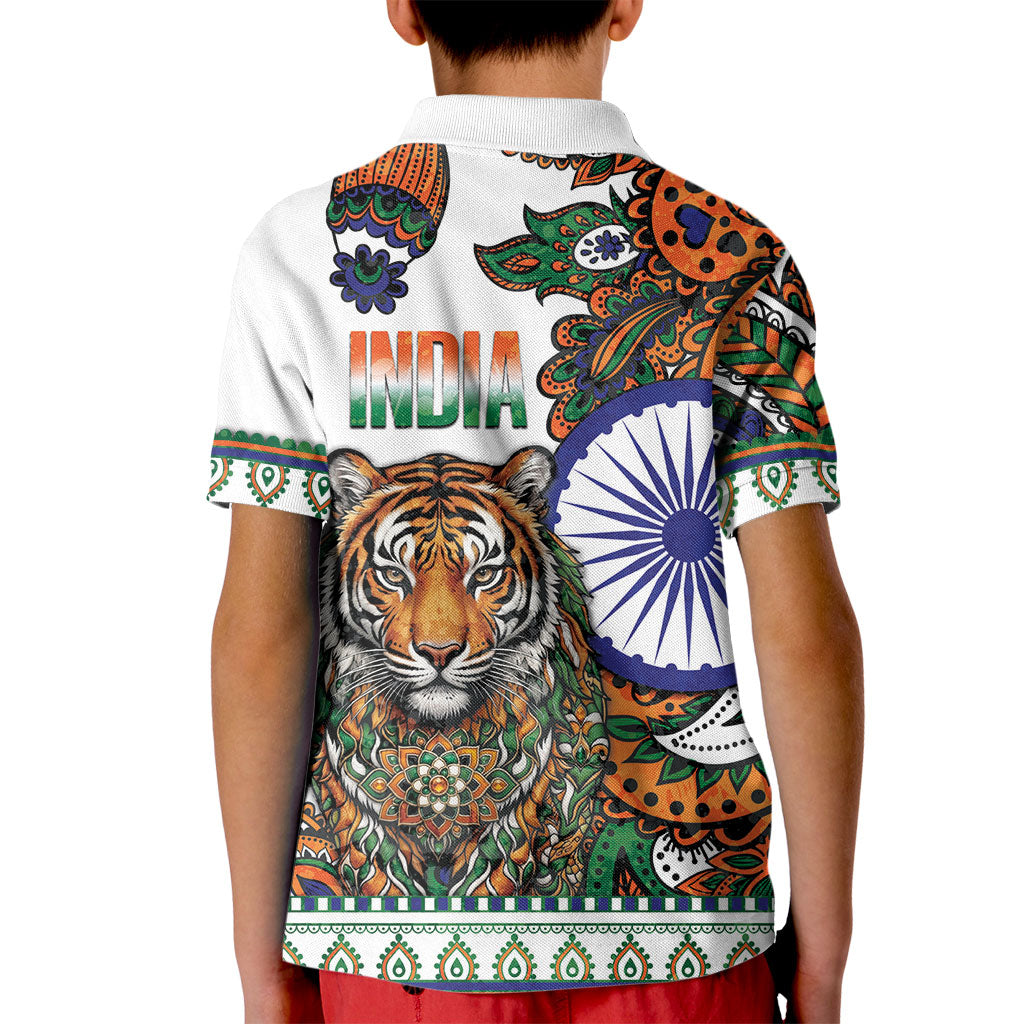 India Independence Day Kid Polo Shirt Royal Tiger Ashoka Chakra Paisley Pattern