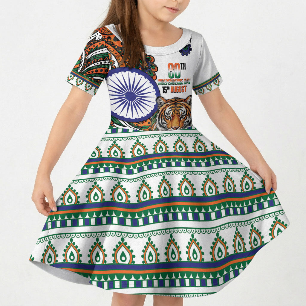 India Independence Day Kid Short Sleeve Dress Royal Tiger Ashoka Chakra Paisley Pattern