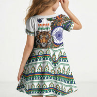 India Independence Day Kid Short Sleeve Dress Royal Tiger Ashoka Chakra Paisley Pattern