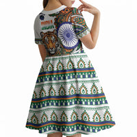 India Independence Day Kid Short Sleeve Dress Royal Tiger Ashoka Chakra Paisley Pattern