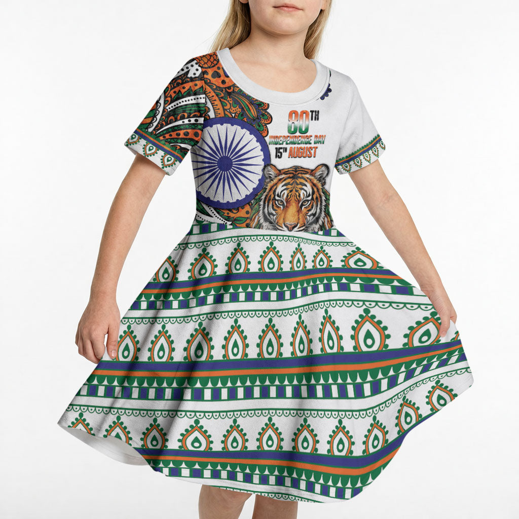 India Independence Day Kid Short Sleeve Dress Royal Tiger Ashoka Chakra Paisley Pattern
