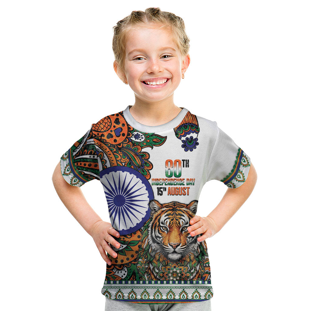 India Independence Day Kid T Shirt Royal Tiger Ashoka Chakra Paisley Pattern