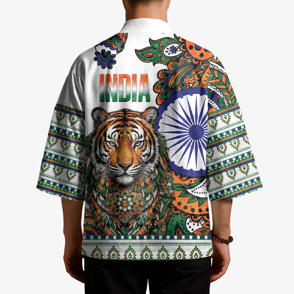 India Independence Day Kimono Royal Tiger Ashoka Chakra Paisley Pattern