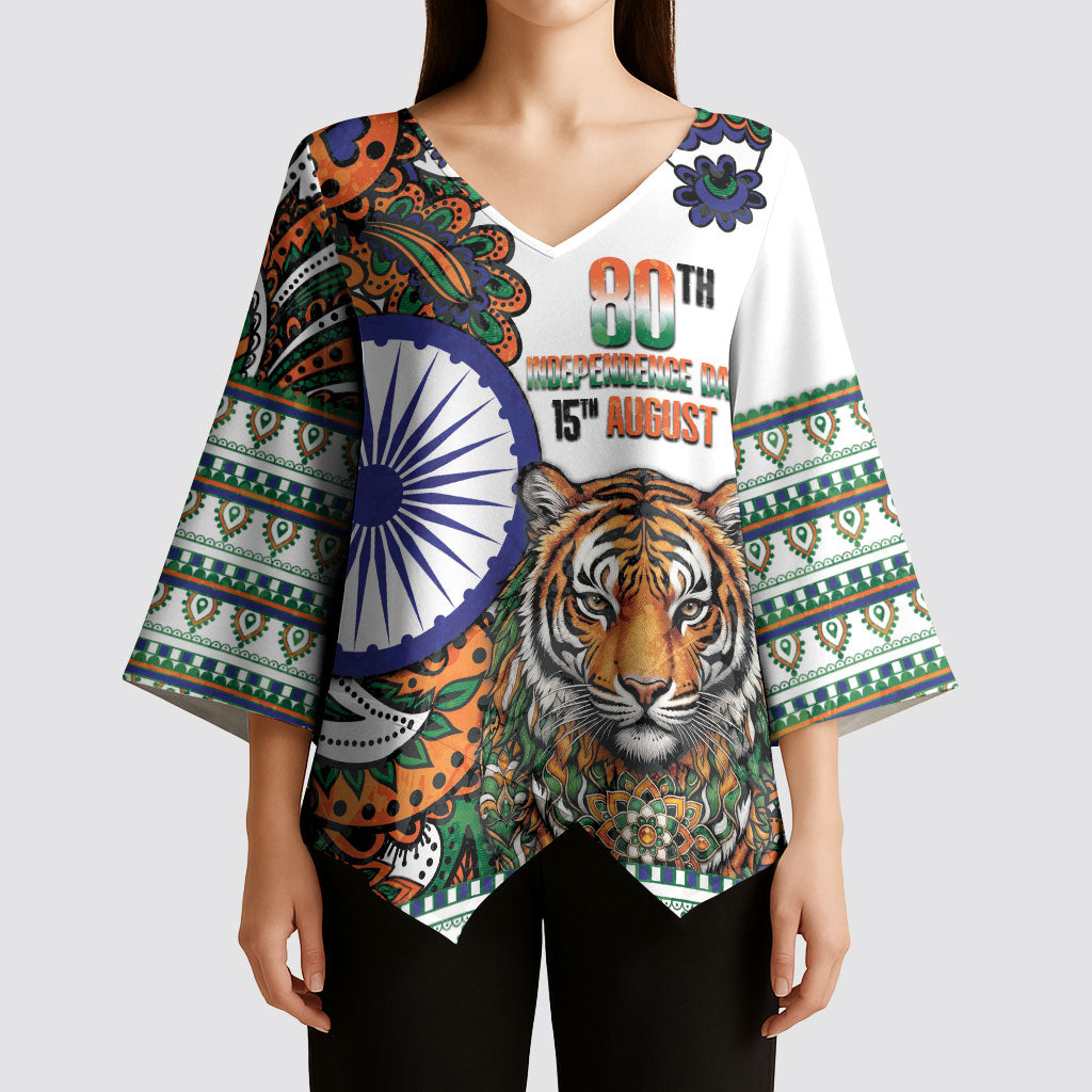 India Independence Day Kimono Sleeve Blouse Royal Tiger Ashoka Chakra Paisley Pattern