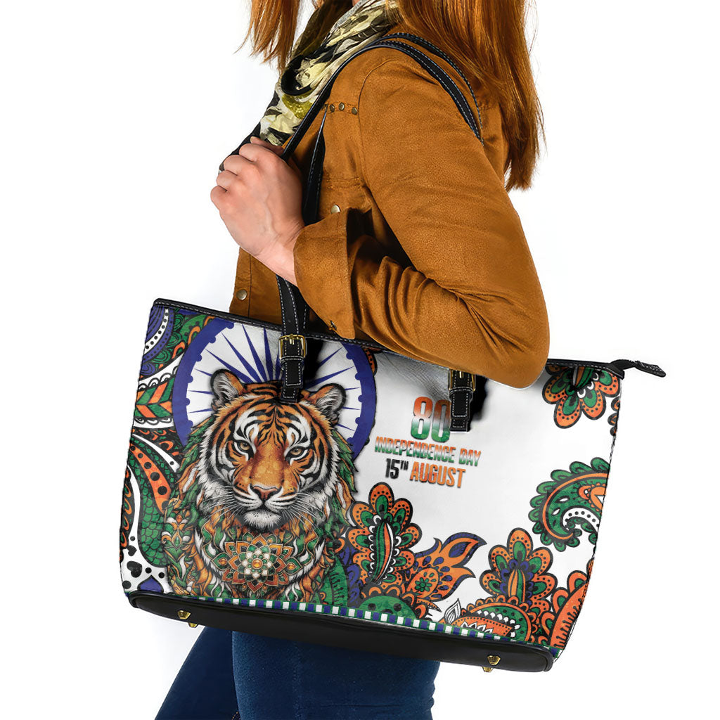 India Independence Day Leather Tote Bag Royal Tiger Ashoka Chakra Paisley Pattern