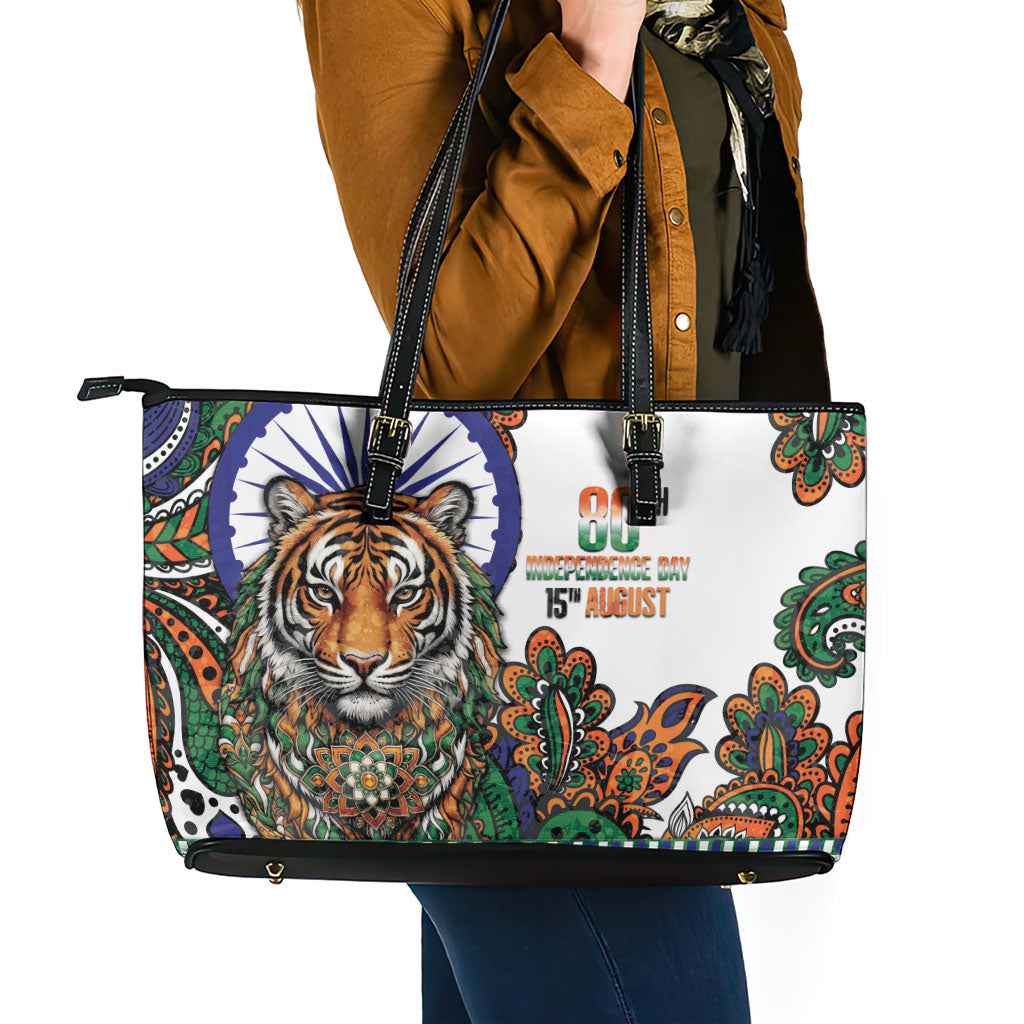 India Independence Day Leather Tote Bag Royal Tiger Ashoka Chakra Paisley Pattern