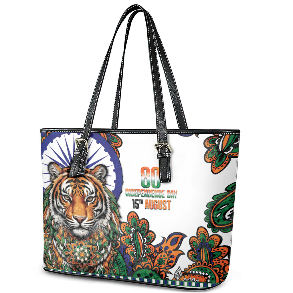 India Independence Day Leather Tote Bag Royal Tiger Ashoka Chakra Paisley Pattern