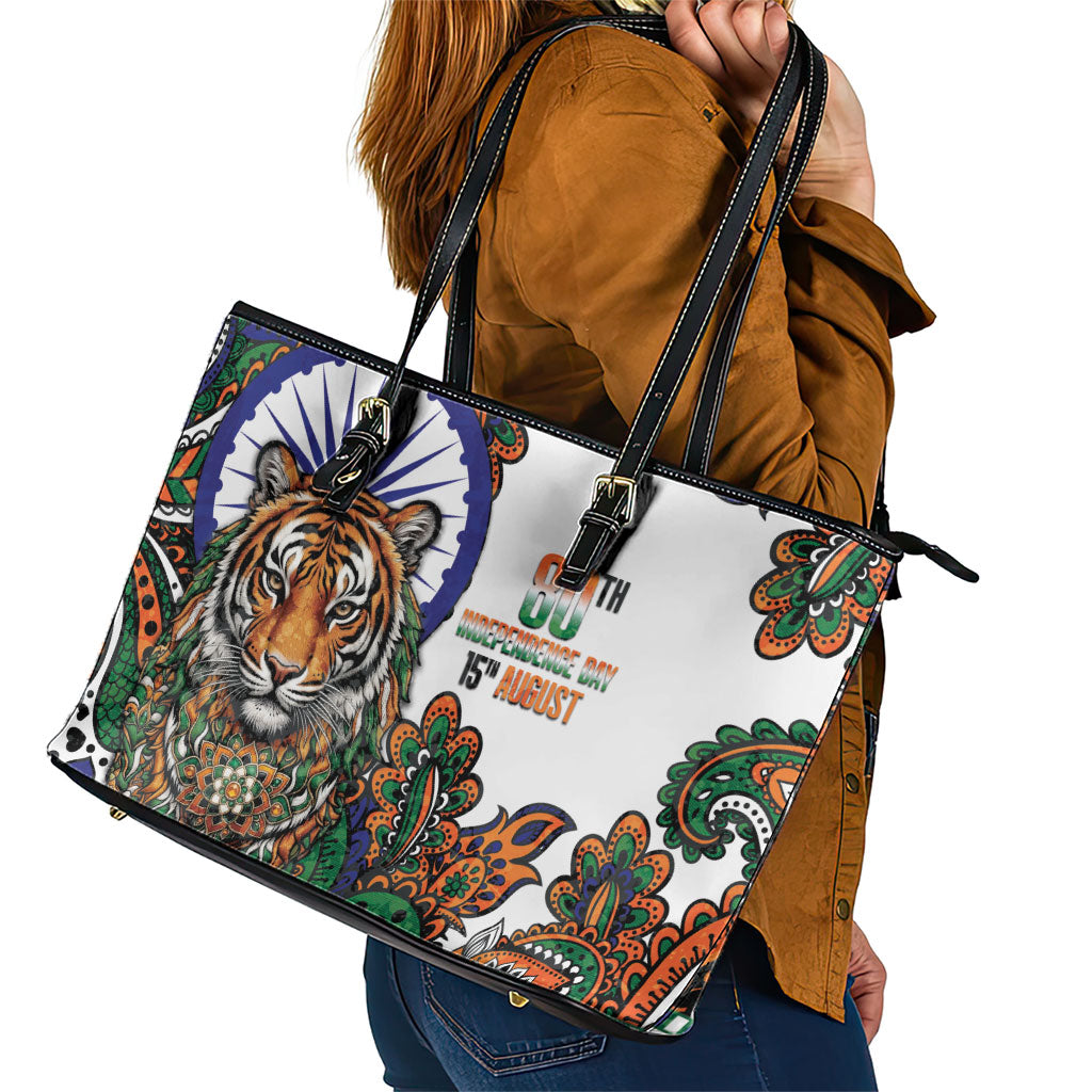 India Independence Day Leather Tote Bag Royal Tiger Ashoka Chakra Paisley Pattern