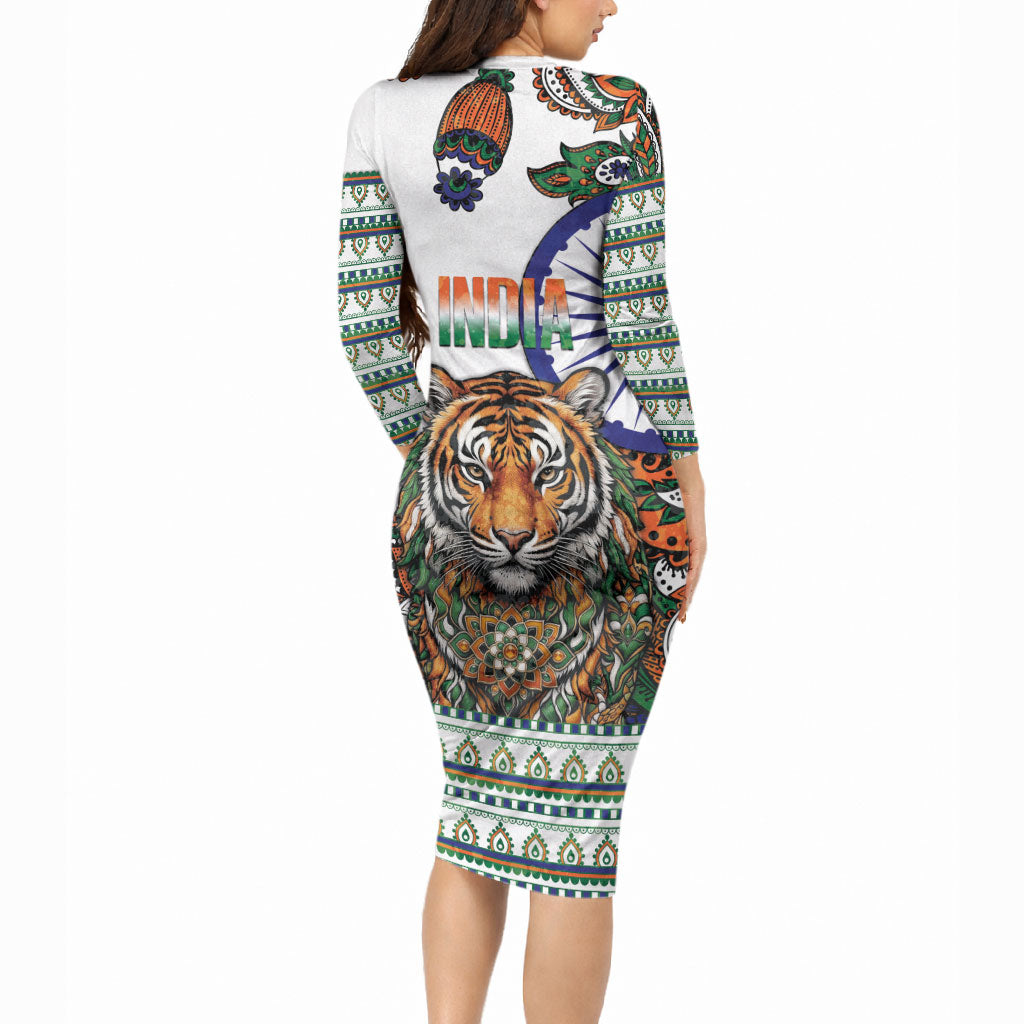 India Independence Day Long Sleeve Bodycon Dress Royal Tiger Ashoka Chakra Paisley Pattern
