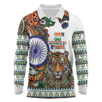 India Independence Day Long Sleeve Polo Shirt Royal Tiger Ashoka Chakra Paisley Pattern