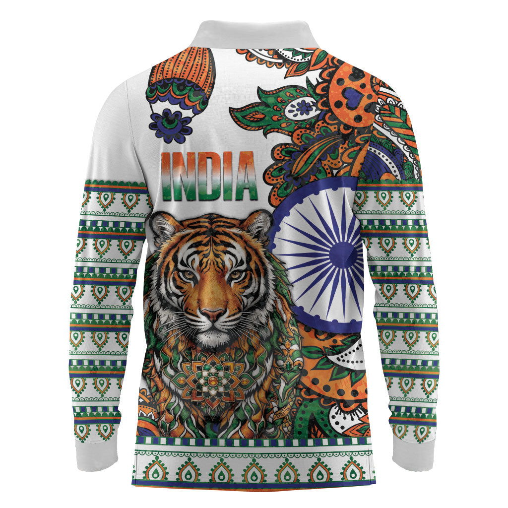 India Independence Day Long Sleeve Polo Shirt Royal Tiger Ashoka Chakra Paisley Pattern