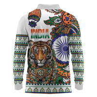 India Independence Day Long Sleeve Polo Shirt Royal Tiger Ashoka Chakra Paisley Pattern