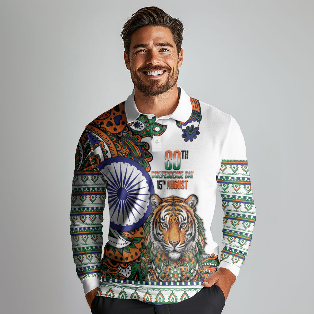 India Independence Day Long Sleeve Polo Shirt Royal Tiger Ashoka Chakra Paisley Pattern