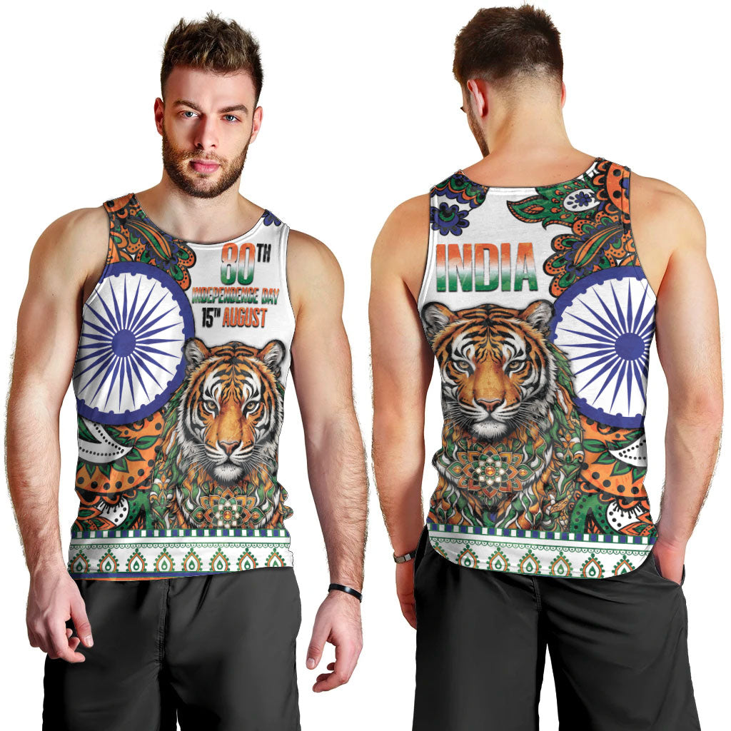 India Independence Day Men Tank Top Royal Tiger Ashoka Chakra Paisley Pattern