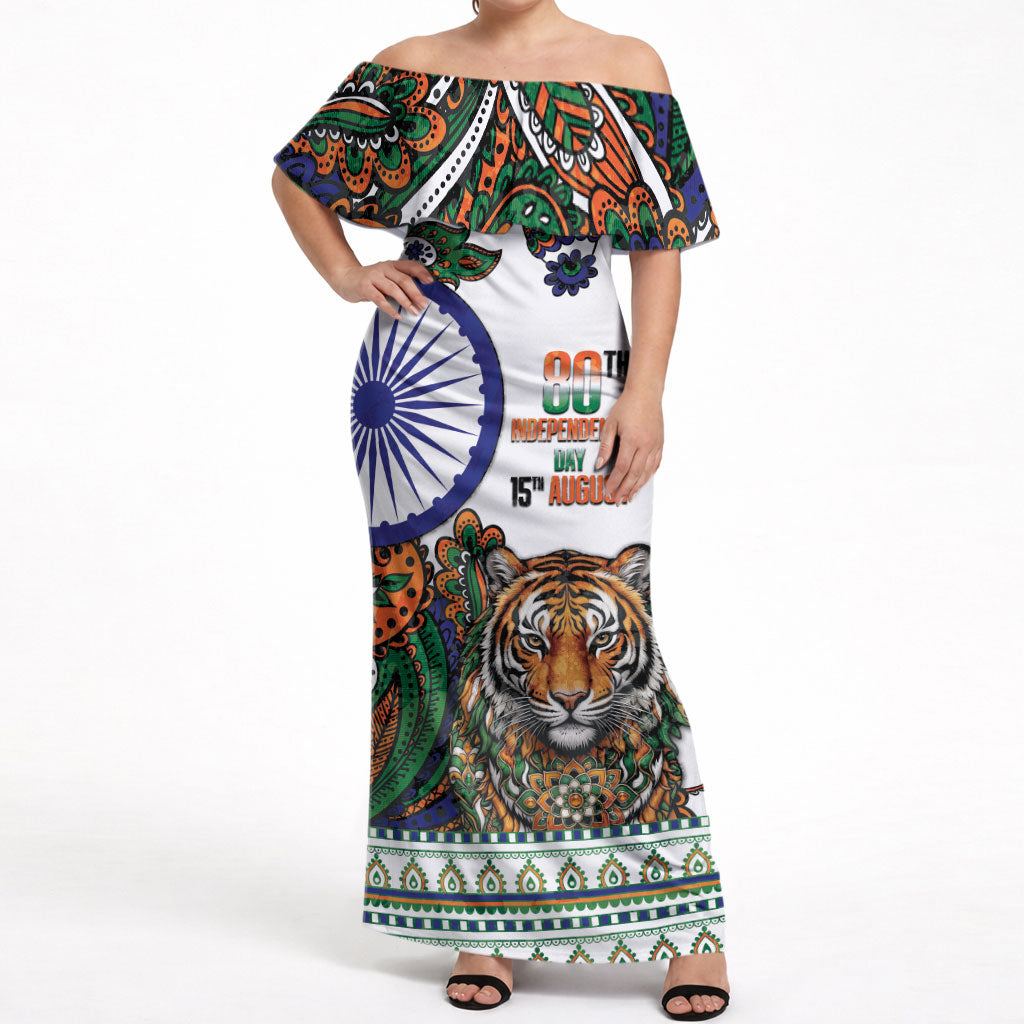 India Independence Day Off Shoulder Maxi Dress Royal Tiger Ashoka Chakra Paisley Pattern