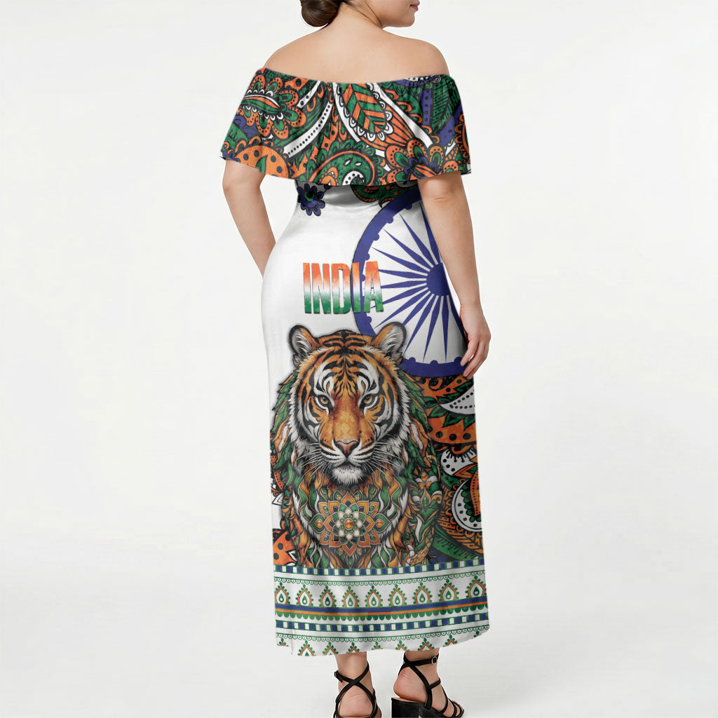 India Independence Day Off Shoulder Maxi Dress Royal Tiger Ashoka Chakra Paisley Pattern