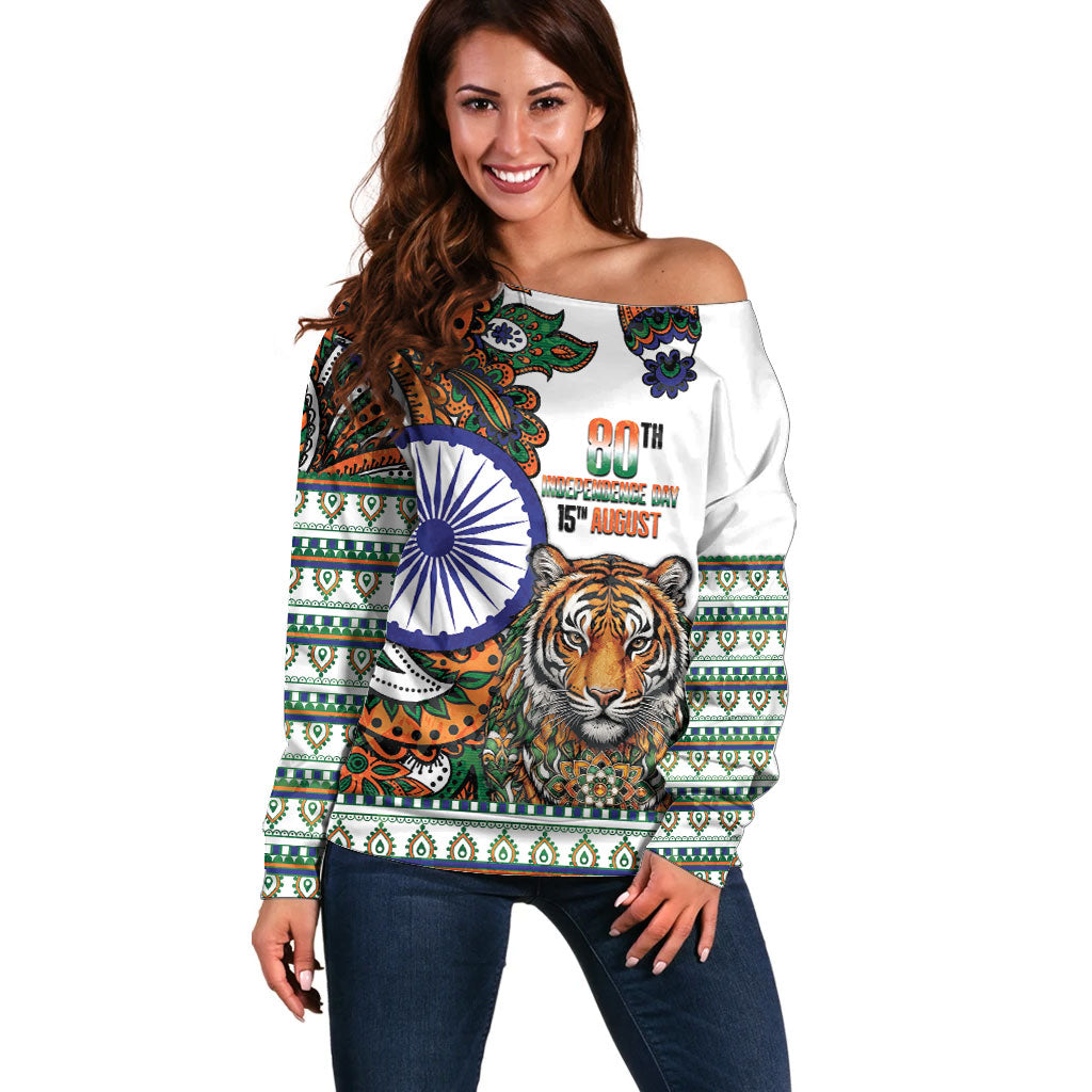 India Independence Day Off Shoulder Sweater Royal Tiger Ashoka Chakra Paisley Pattern