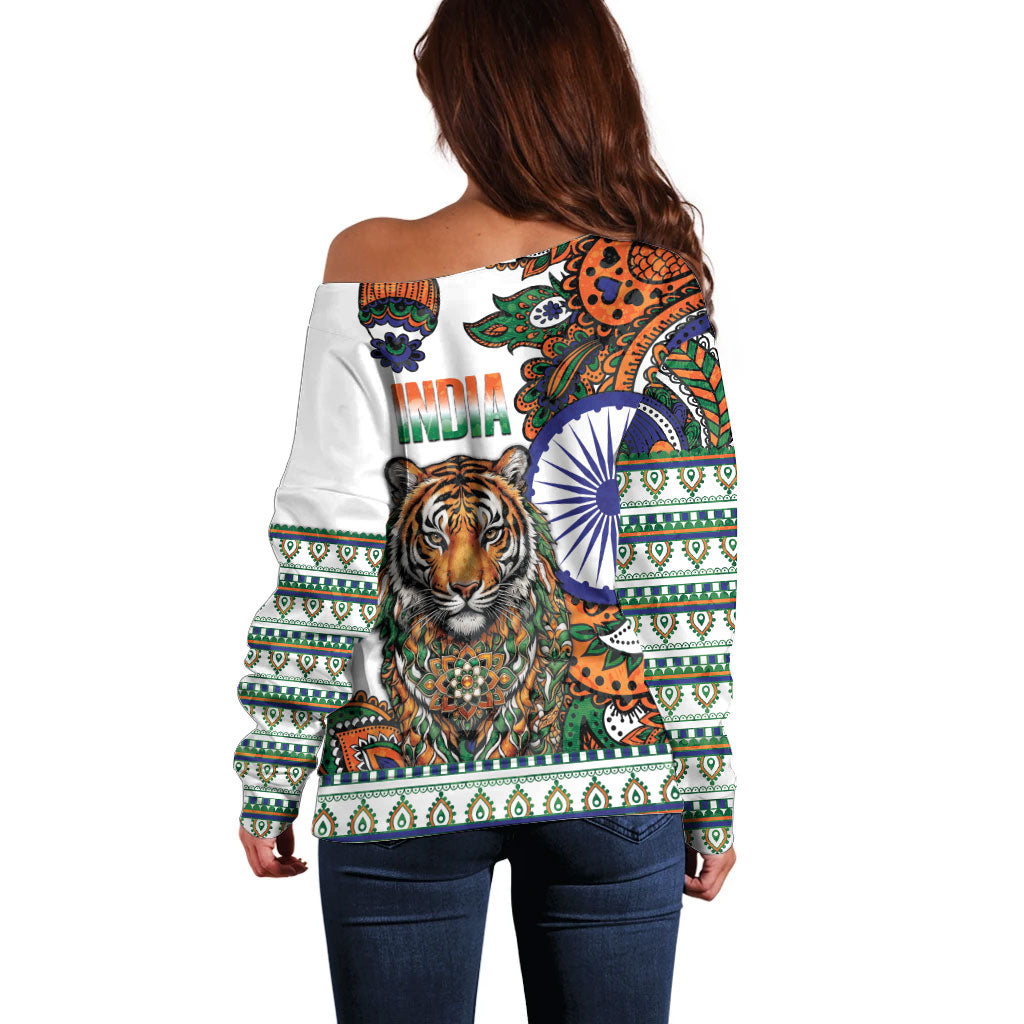 India Independence Day Off Shoulder Sweater Royal Tiger Ashoka Chakra Paisley Pattern