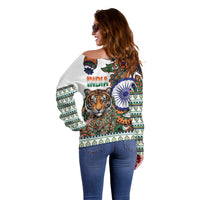 India Independence Day Off Shoulder Sweater Royal Tiger Ashoka Chakra Paisley Pattern