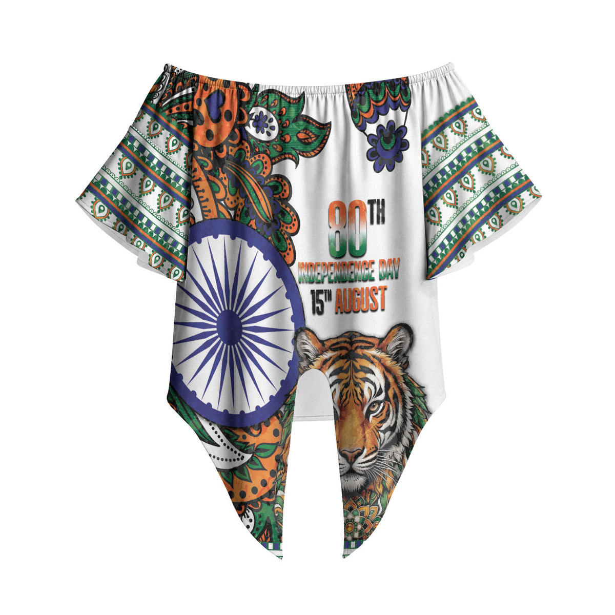 India Independence Day Off Shoulder Wrap Waist Top Royal Tiger Ashoka Chakra Paisley Pattern