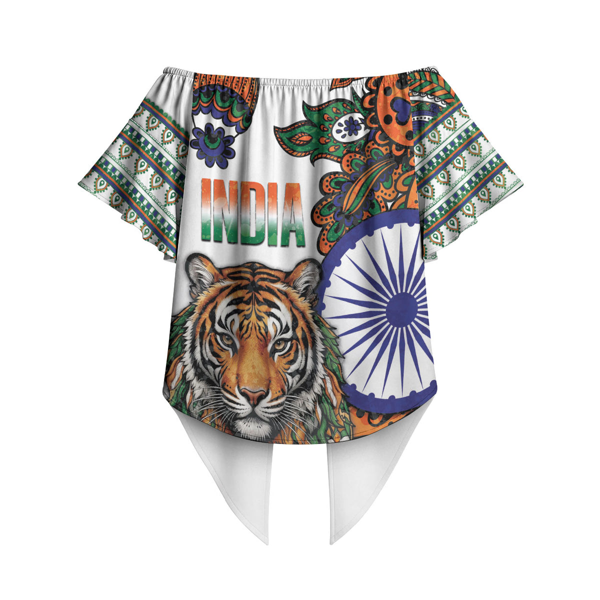 India Independence Day Off Shoulder Wrap Waist Top Royal Tiger Ashoka Chakra Paisley Pattern