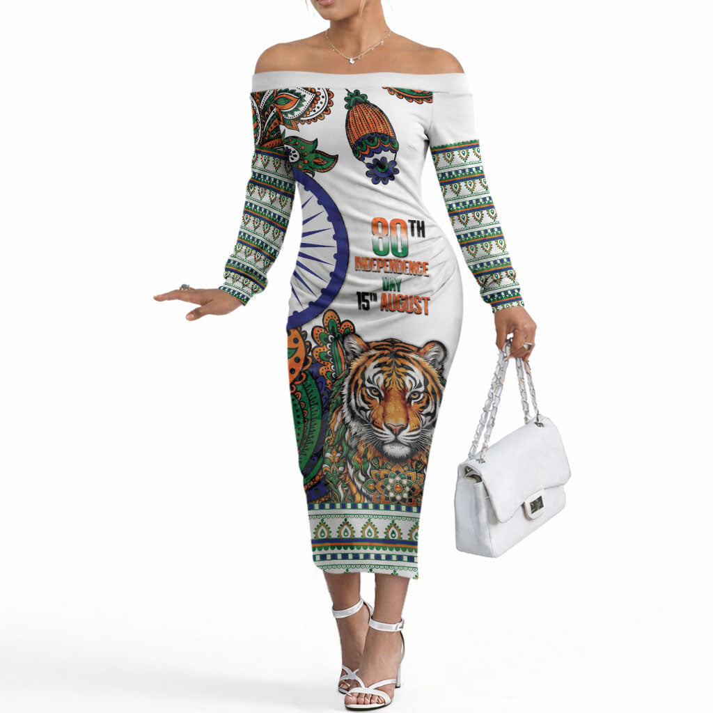 India Independence Day Off The Shoulder Long Sleeve Dress Royal Tiger Ashoka Chakra Paisley Pattern