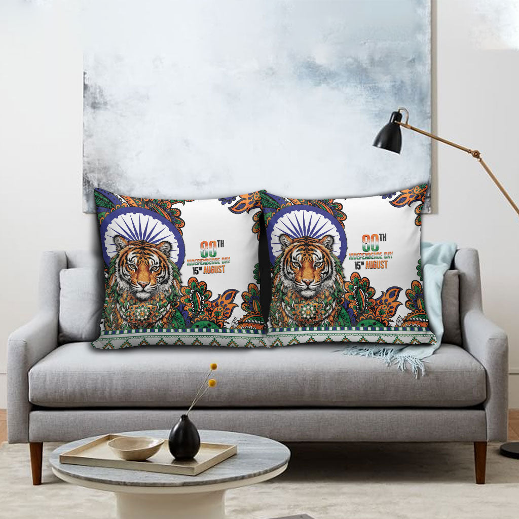 India Independence Day Pillow Cover Royal Tiger Ashoka Chakra Paisley Pattern
