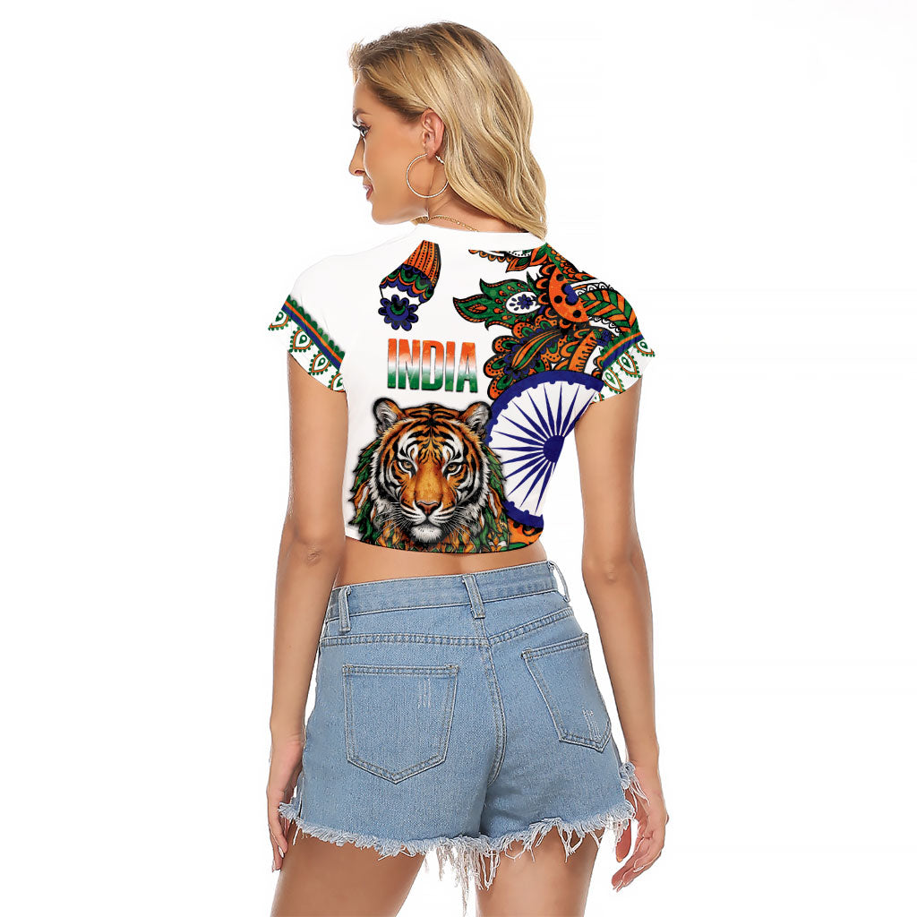 India Independence Day Raglan Cropped T Shirt Royal Tiger Ashoka Chakra Paisley Pattern