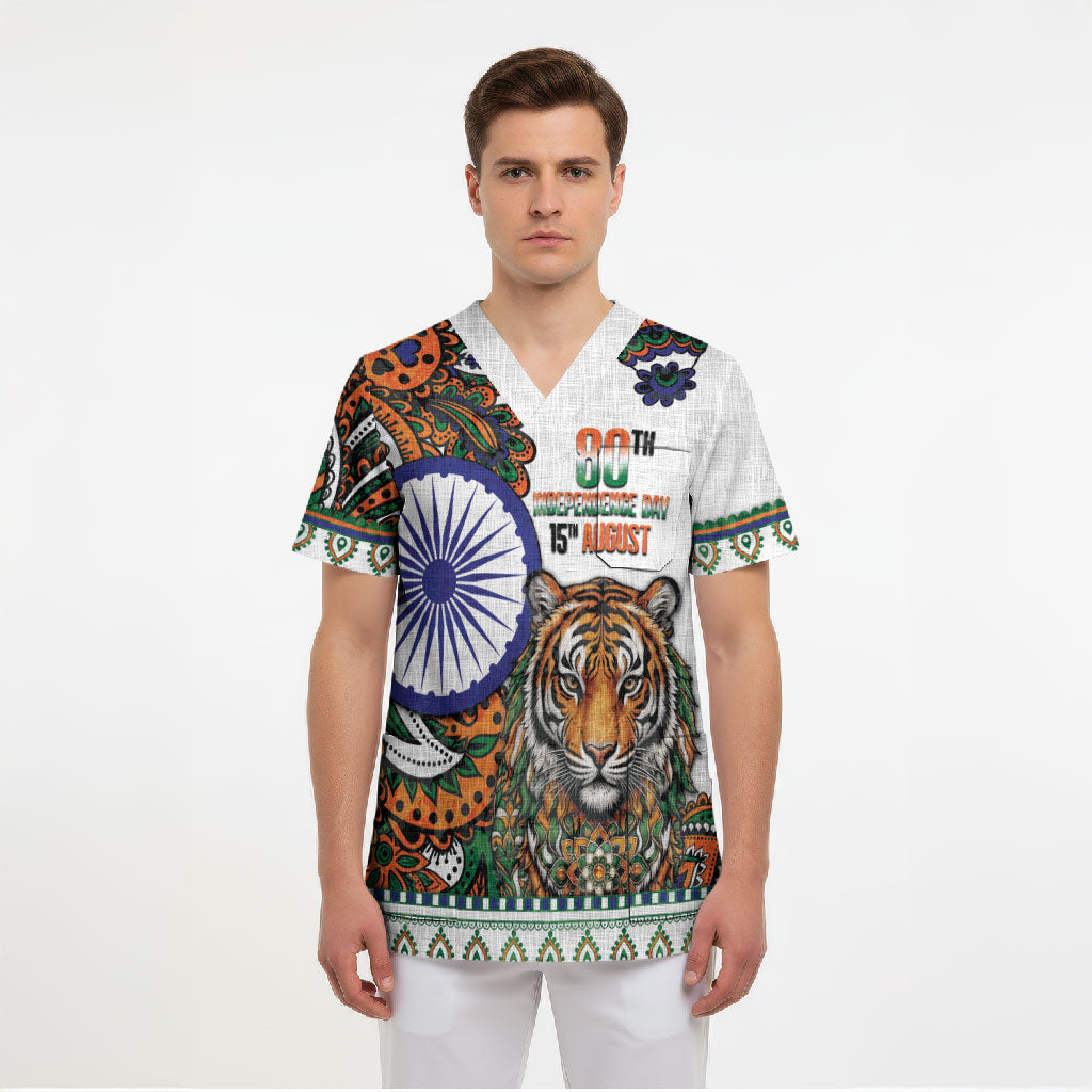 India Independence Day Scrub Top Royal Tiger Ashoka Chakra Paisley Pattern