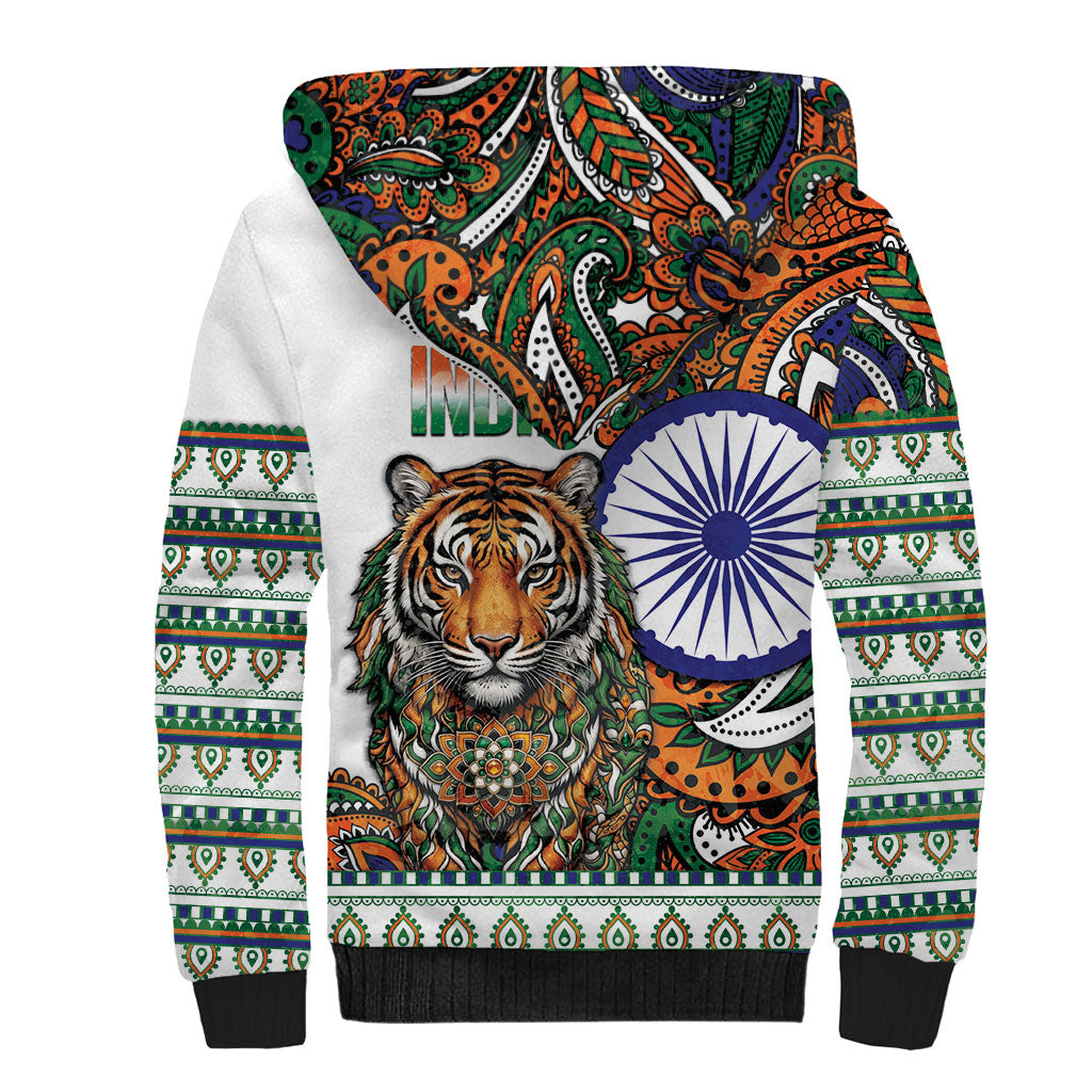 India Independence Day Sherpa Hoodie Royal Tiger Ashoka Chakra Paisley Pattern