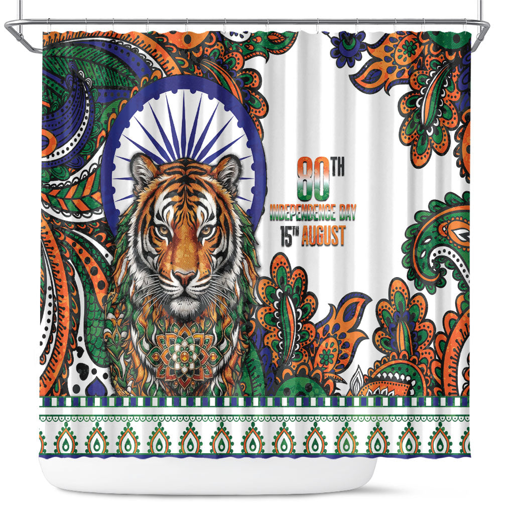 India Independence Day Shower Curtain Royal Tiger Ashoka Chakra Paisley Pattern
