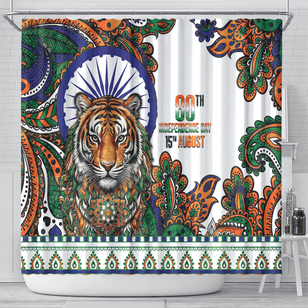 India Independence Day Shower Curtain Royal Tiger Ashoka Chakra Paisley Pattern