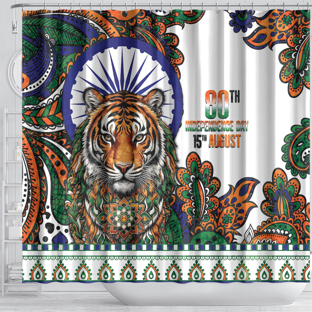 India Independence Day Shower Curtain Royal Tiger Ashoka Chakra Paisley Pattern
