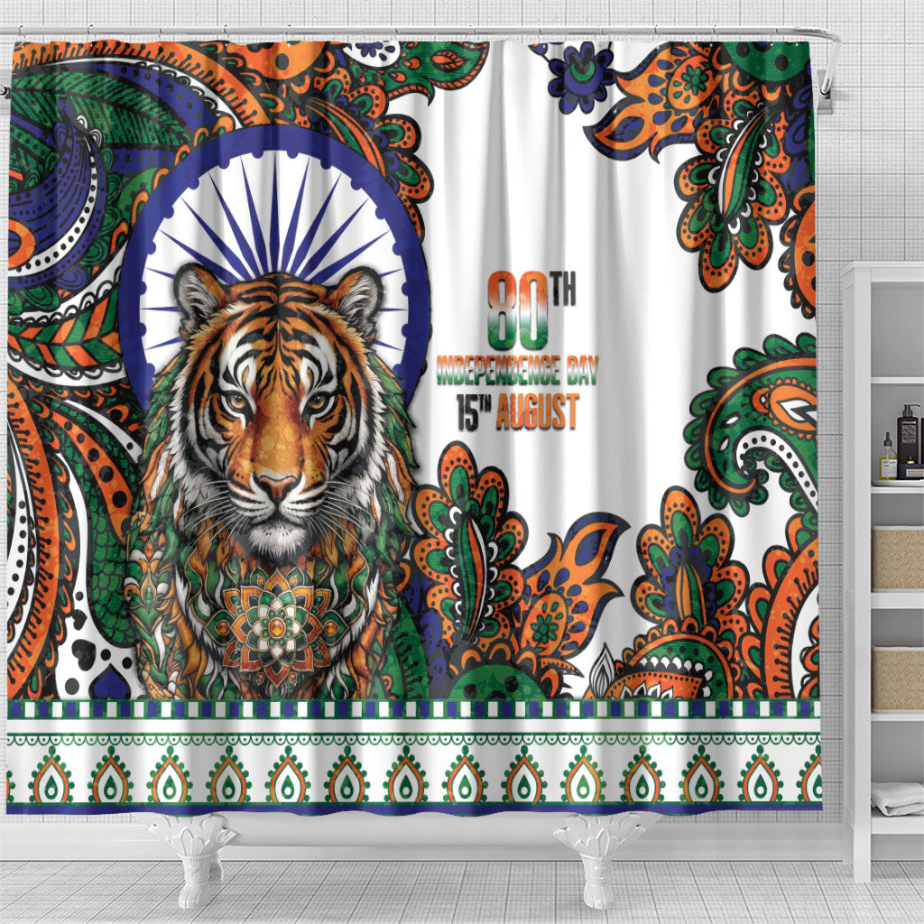 India Independence Day Shower Curtain Royal Tiger Ashoka Chakra Paisley Pattern