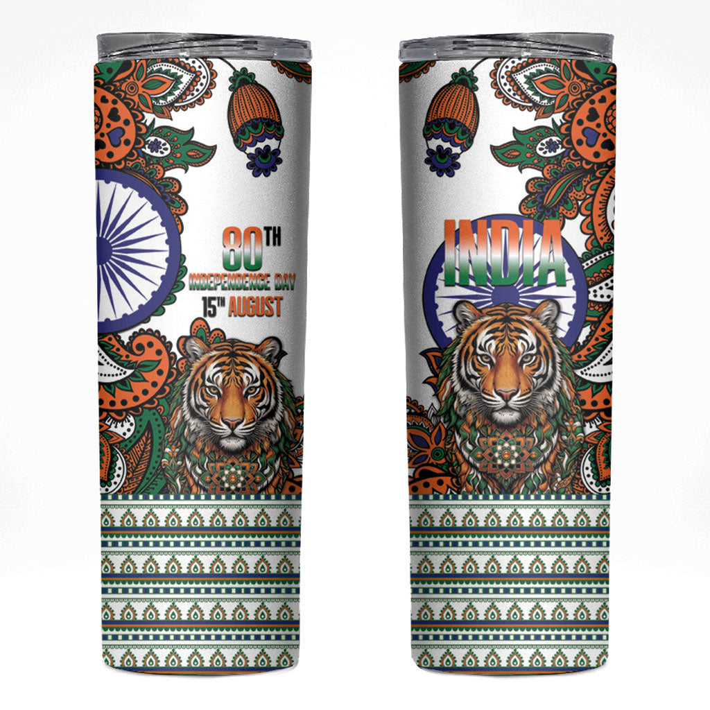 India Independence Day Skinny Tumbler Royal Tiger Ashoka Chakra Paisley Pattern