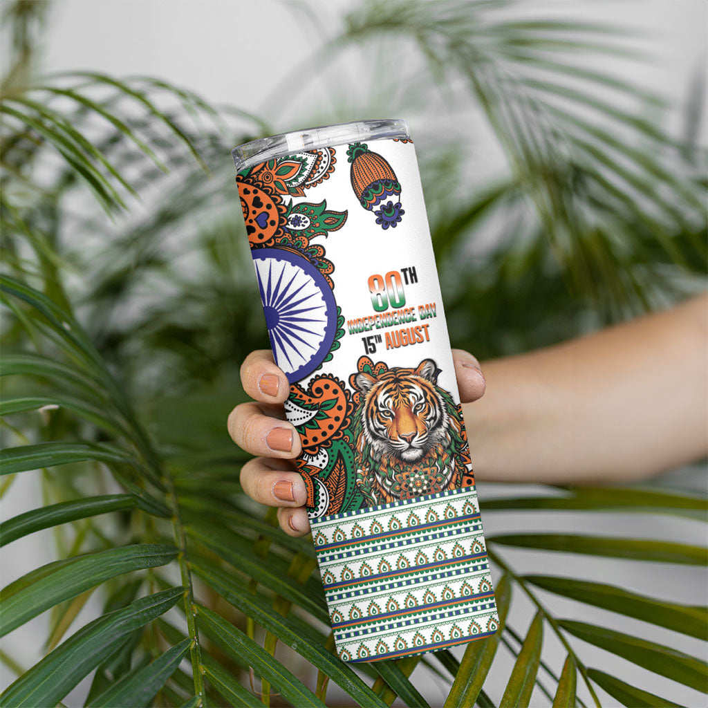 India Independence Day Skinny Tumbler Royal Tiger Ashoka Chakra Paisley Pattern