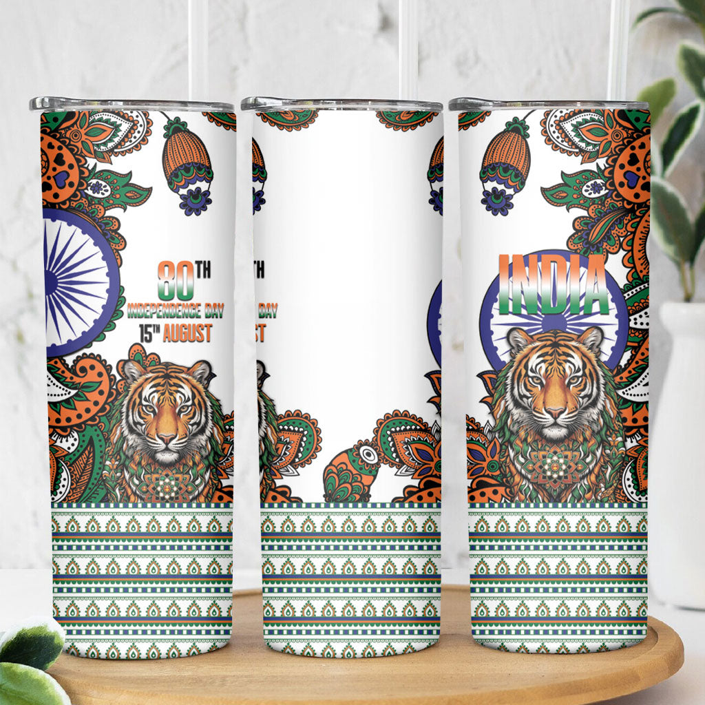 India Independence Day Skinny Tumbler Royal Tiger Ashoka Chakra Paisley Pattern