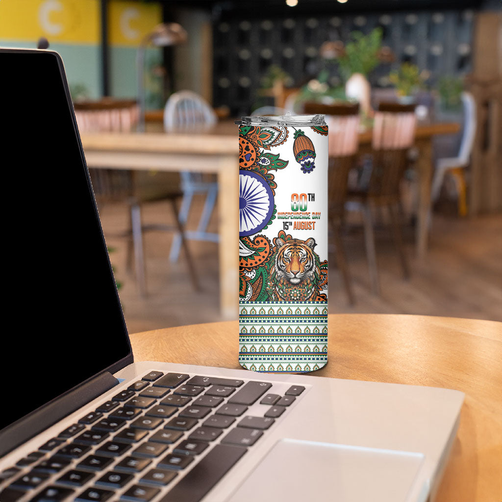 India Independence Day Skinny Tumbler Royal Tiger Ashoka Chakra Paisley Pattern
