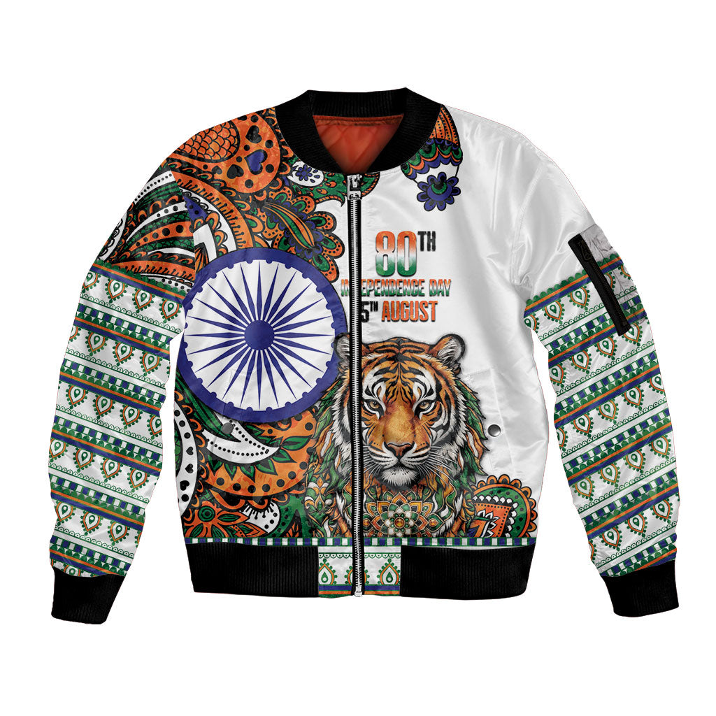 India Independence Day Sleeve Zip Bomber Jacket Royal Tiger Ashoka Chakra Paisley Pattern