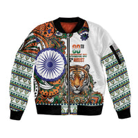 India Independence Day Sleeve Zip Bomber Jacket Royal Tiger Ashoka Chakra Paisley Pattern