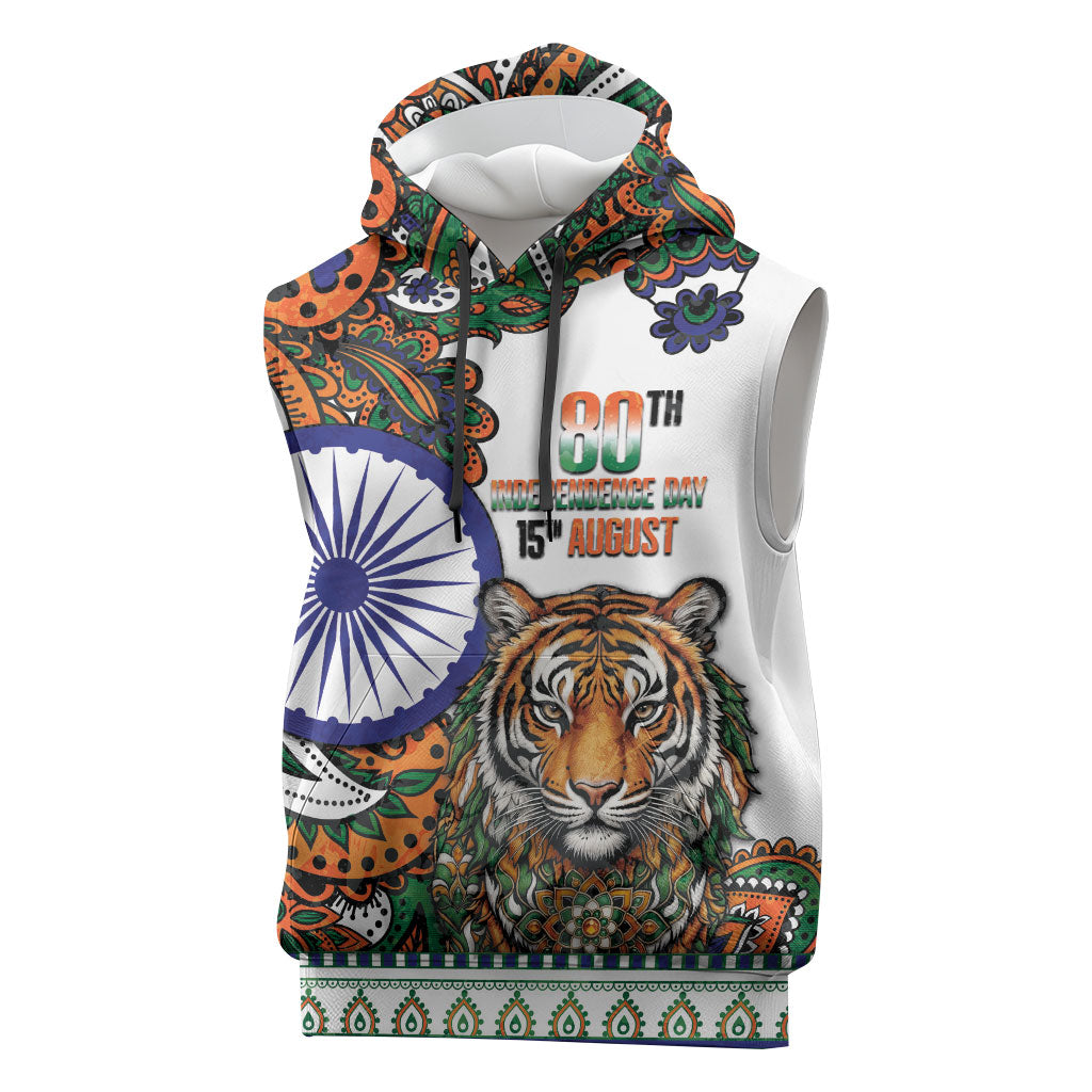 India Independence Day Sleeveless Hoodie Royal Tiger Ashoka Chakra Paisley Pattern