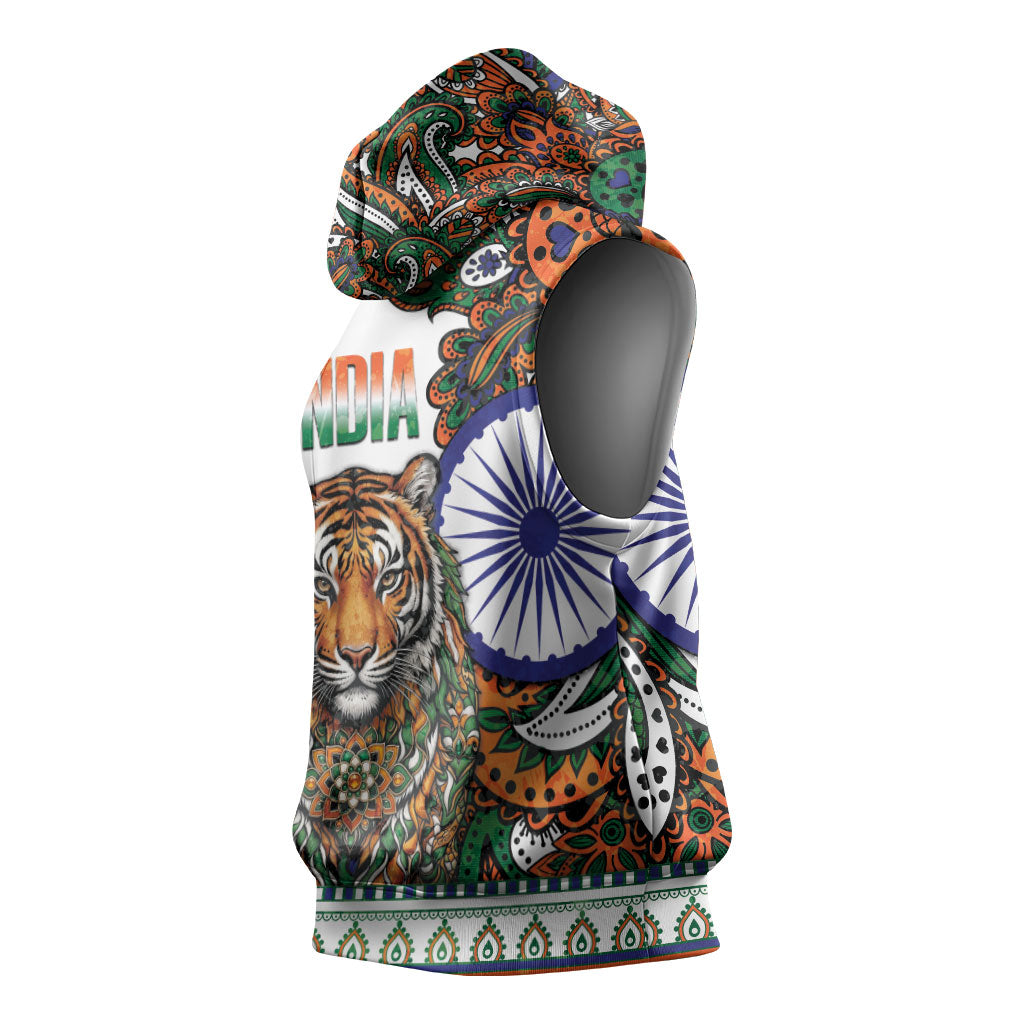 India Independence Day Sleeveless Hoodie Royal Tiger Ashoka Chakra Paisley Pattern